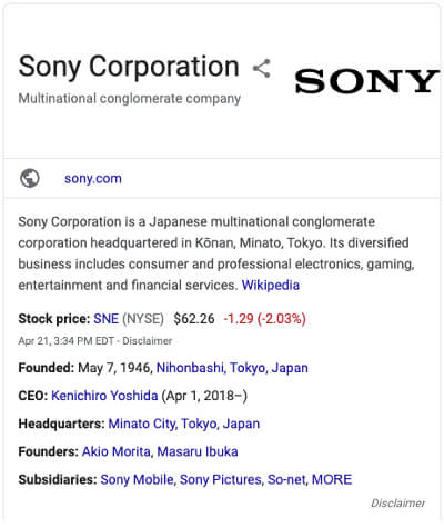 An example search result from Google showing a knowledge graph