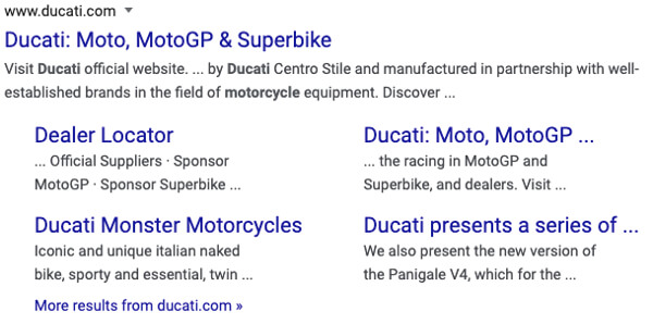An example search result from Google showing a site links